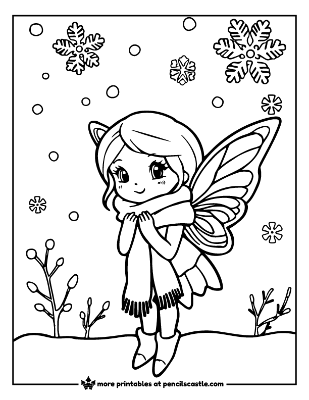 fairy wearing a scarf under snow and snowflakes coloring page