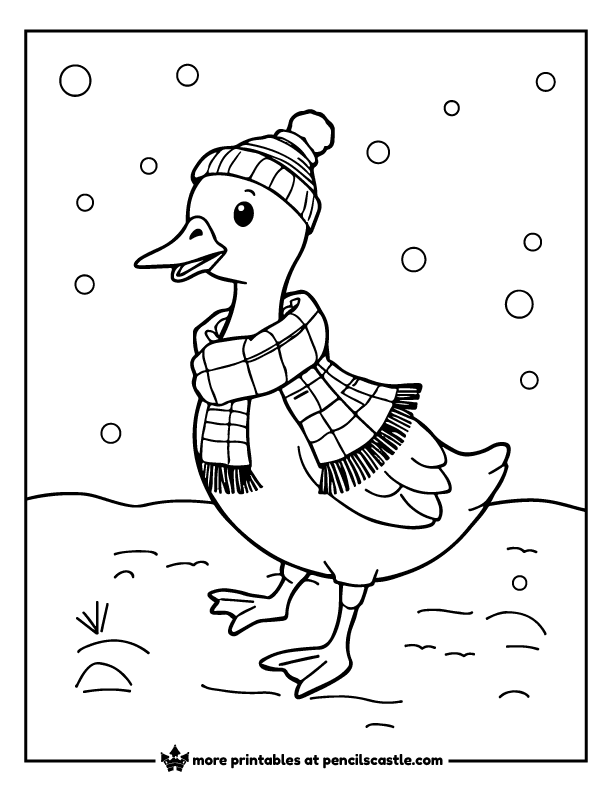 goose wearing a winter hat and scarf with falling snow coloring page