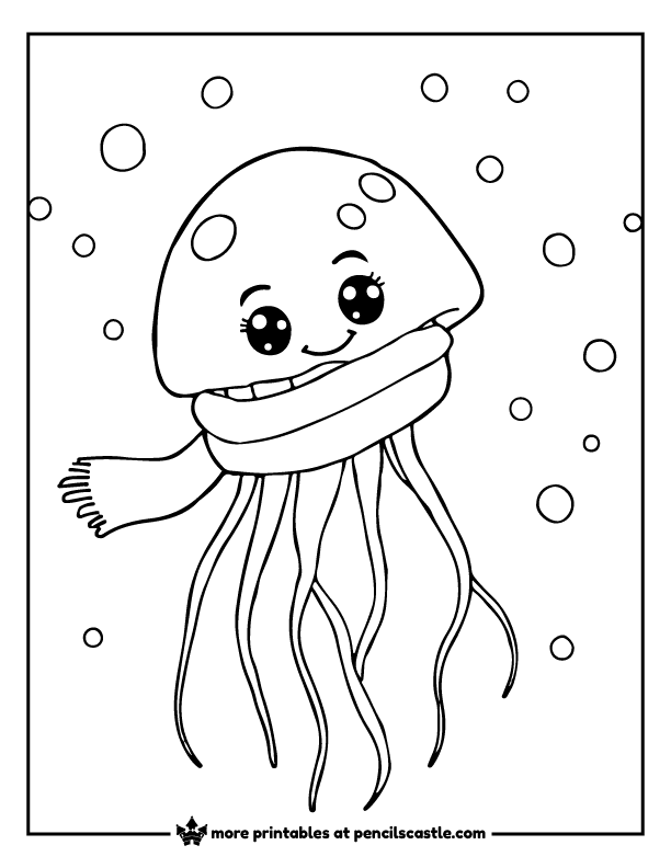 Cute jellyfish wrapped in a scarf under the snow coloring sheet