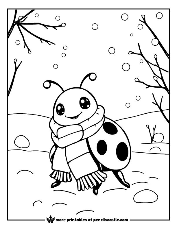 cute ladybug wearing a scarf under the snow coloring sheet