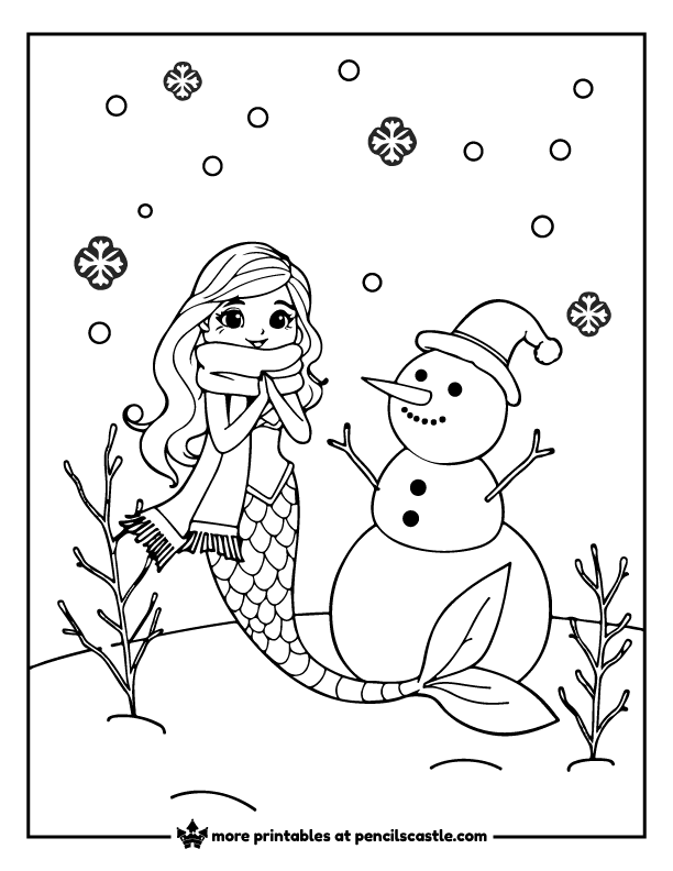 mermaid wearing a scarf next to a snowman under snow and snowflakes coloring sheet