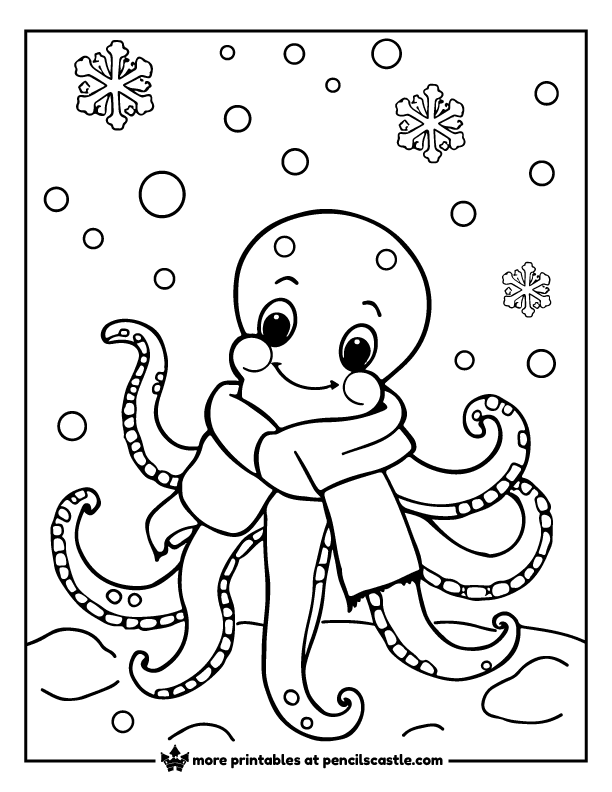 playful octopus in a scarf surrounded by falling snow and snowflakes coloring page