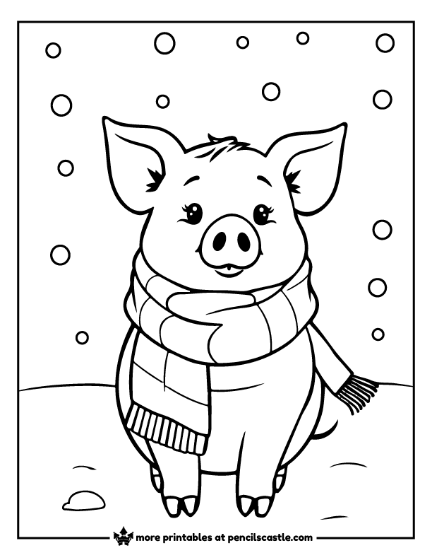 pig wearing a scarf with snow falling coloring page