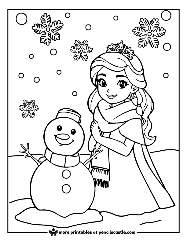 Princess wearing a scarf, standing next to a snowman under snow and snowflakes coloring page