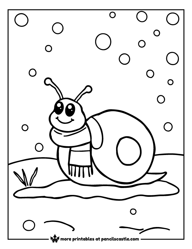 Snail wearing a scarf under the snow coloring sheet