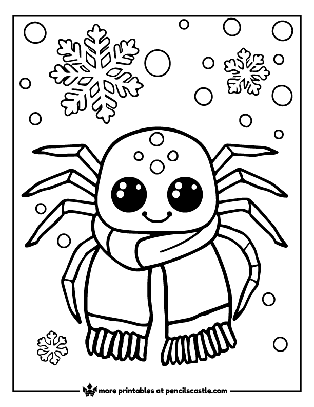 spider wearing a scarf under snow and snowflakes coloring page