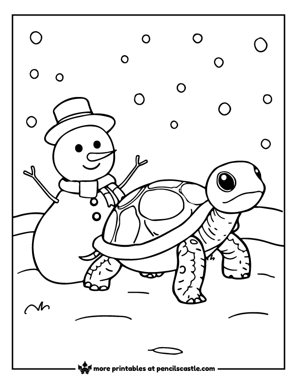 Turtle under the snow next to a snowman coloring page