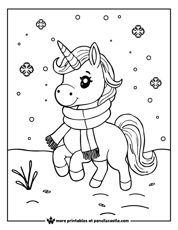 unicorn playing in the snow with a scarf and snowflakes coloring page
