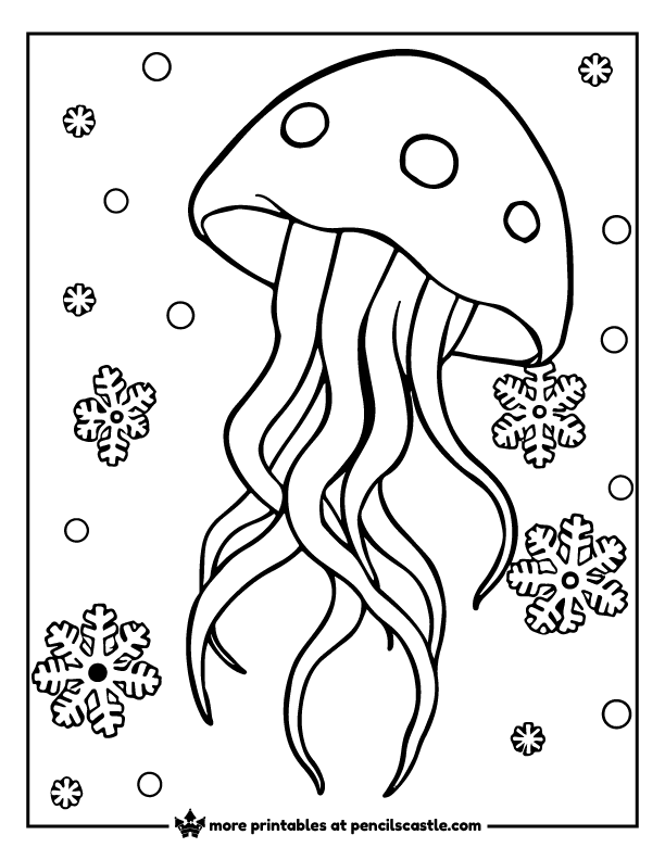Jellyfish surrounded by snowflakes coloring page